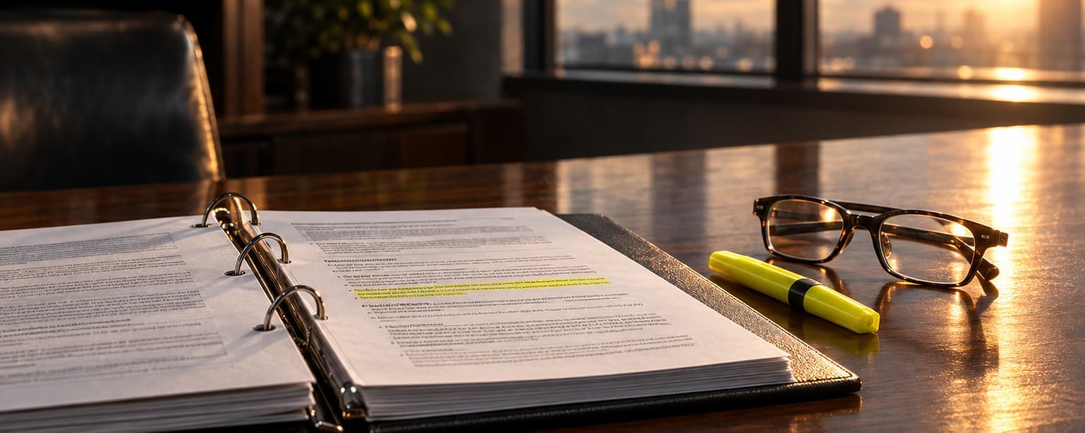 A liability policy open in a ring binder on a conference table at sunset, one clause highlighted in yellow, a highlighter and reading glasses beside it, a leather chair and the city through the window