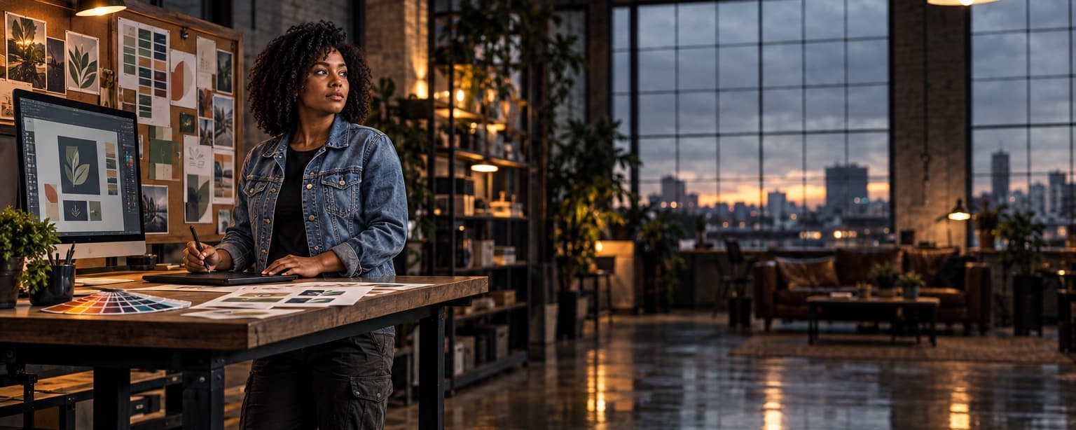A graphic designer in a denim jacket standing at a tall desk in a warehouse studio at dusk, a stylus in her hand, a monitor showing a logo layout and printed brand proofs and color swatches pinned to a board beside her