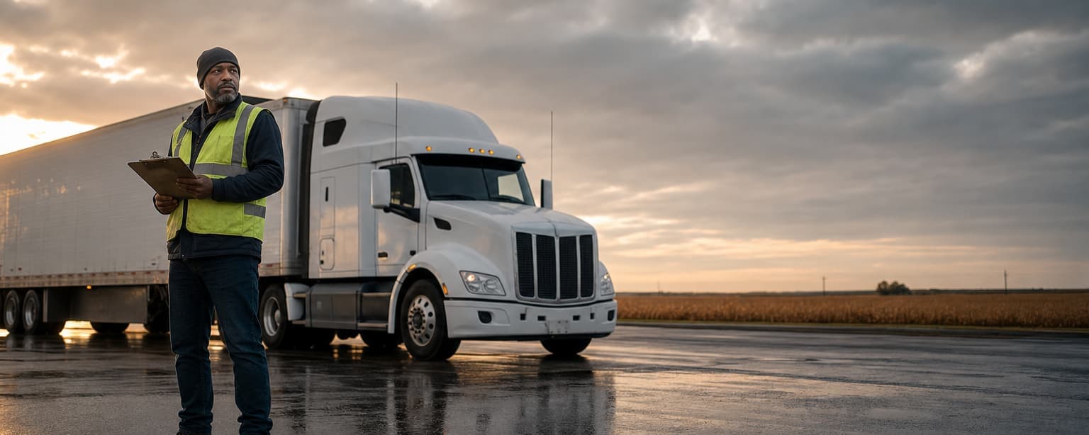 A fleet safety manager in a hi-vis vest and knit cap holding a clipboard beside a white sleeper tractor and dry van on a wet lot at sunrise, open farmland behind