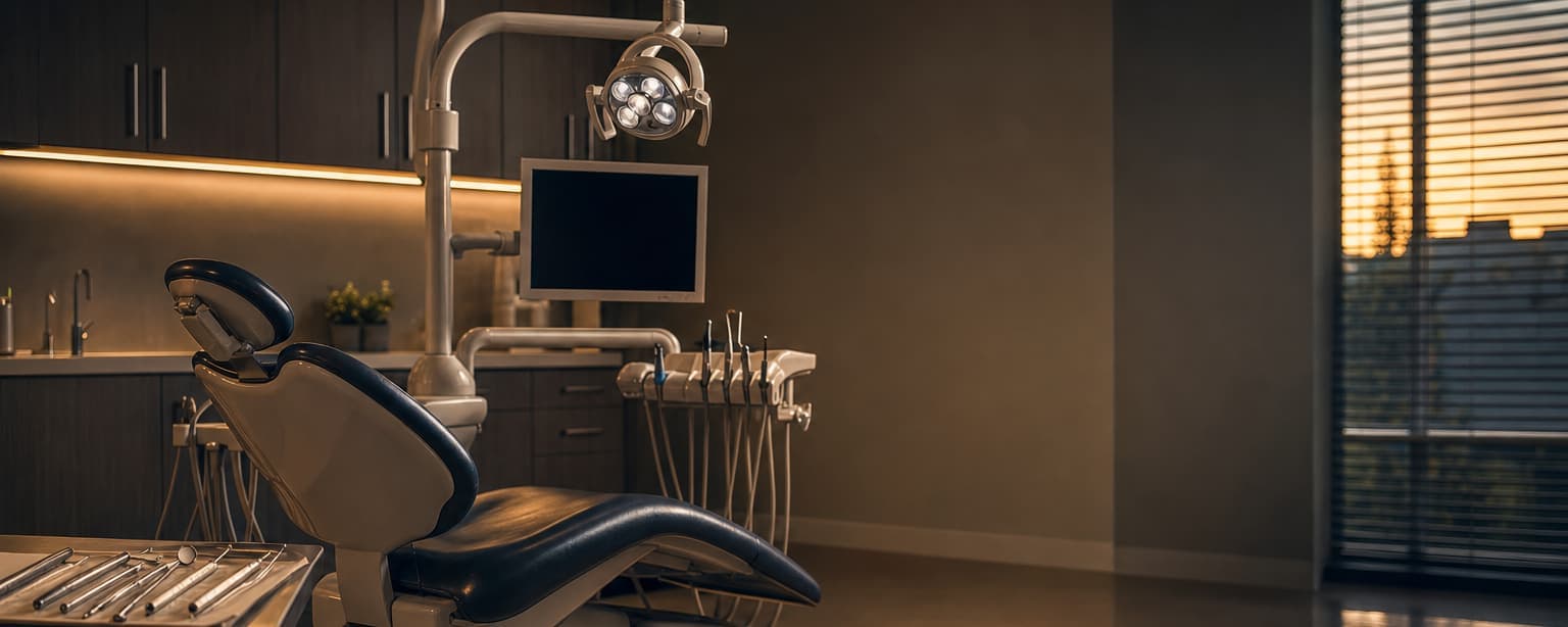 A dental operatory after the last appointment, the chair reclined under a switched-off overhead lamp, instrument tray and monitor beside it and evening light through the window blinds
