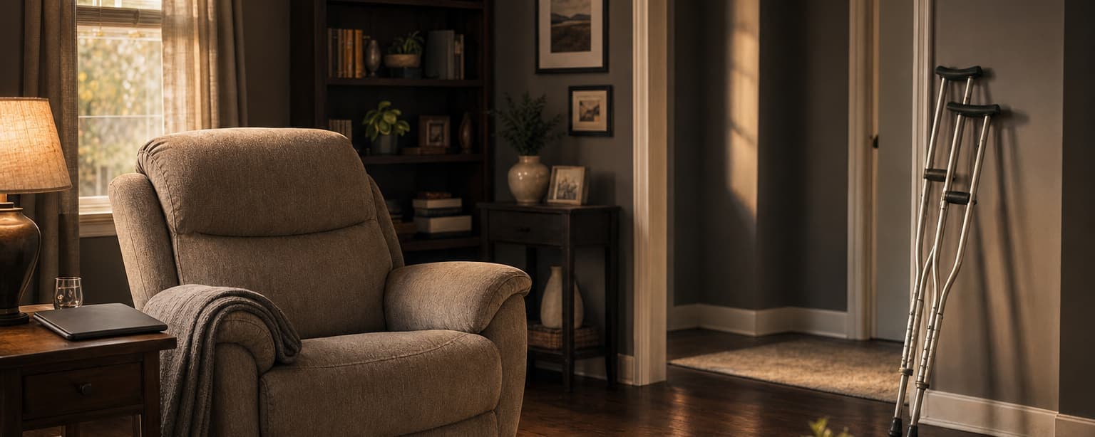 A living room armchair with a folded throw over the arm and a pair of crutches propped against the wall by the doorway