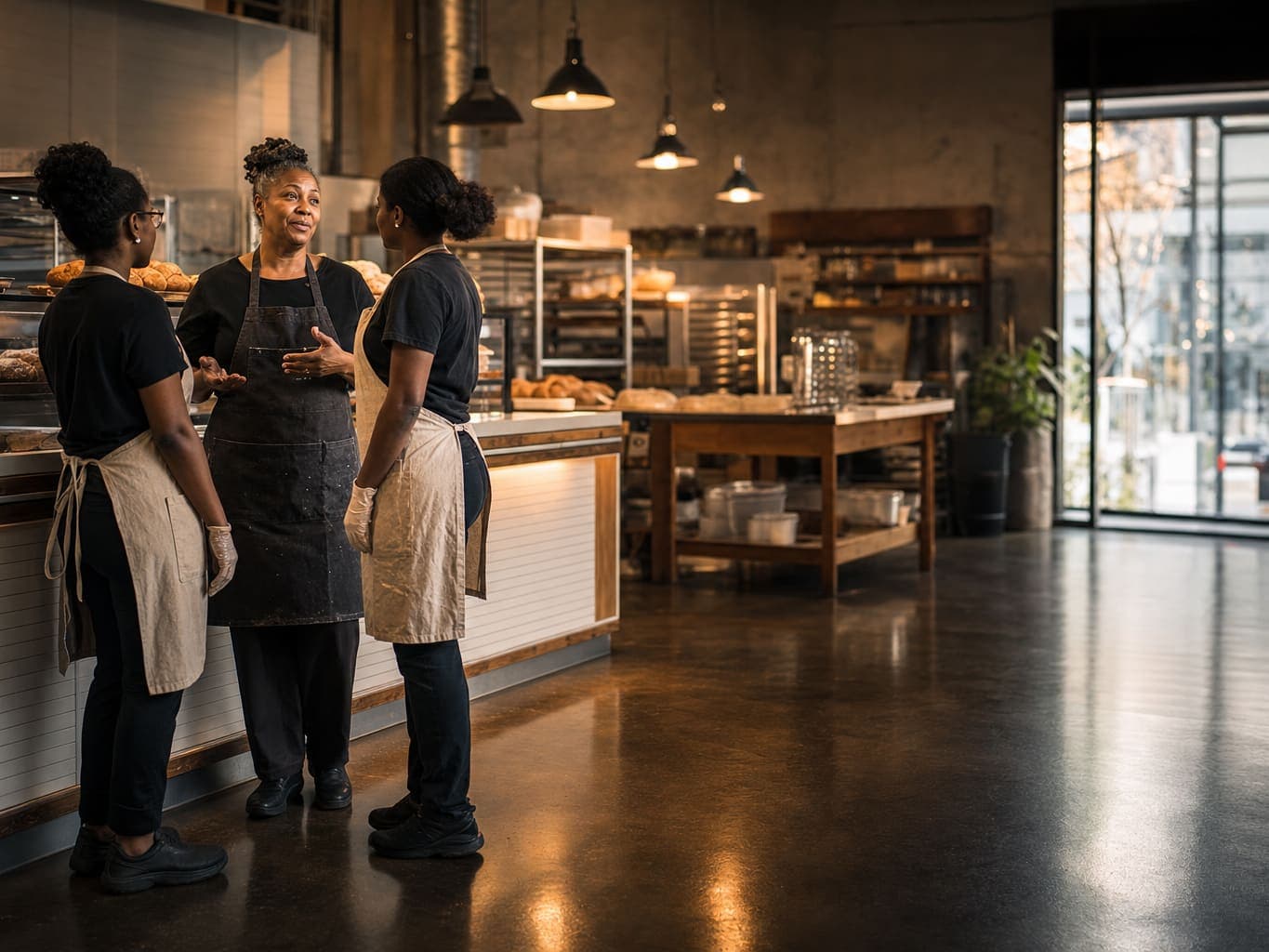 A bakery owner talking with two of her staff behind the counter