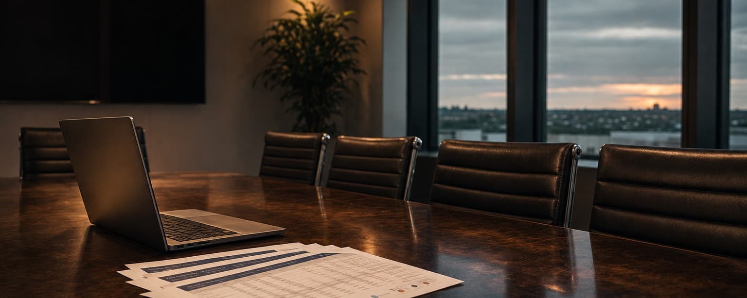 A boardroom table at dusk with an open laptop and a printed plan comparison, leather chairs along the far side and a window onto the city