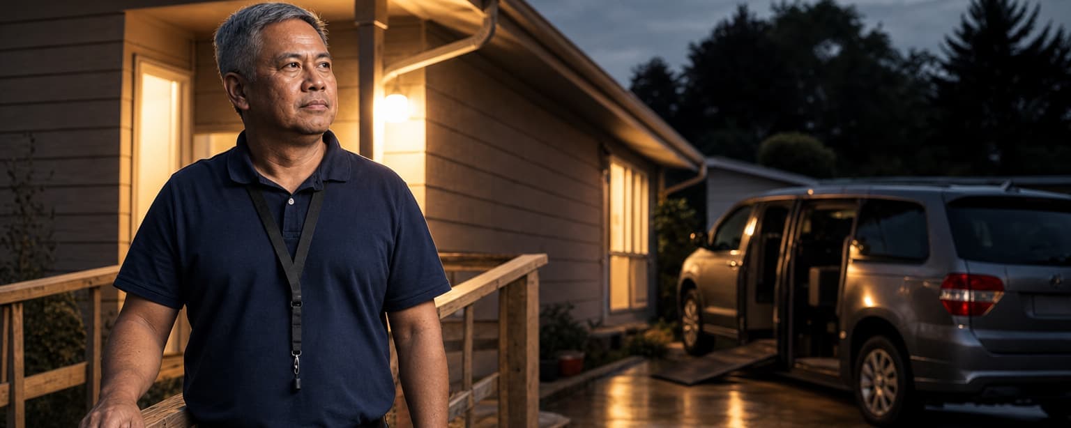 A direct support professional in a navy polo and staff lanyard standing on the wooden wheelchair ramp outside a single-story group home at dusk, porch light on, a wheelchair-accessible minivan with its side door open in the driveway behind him