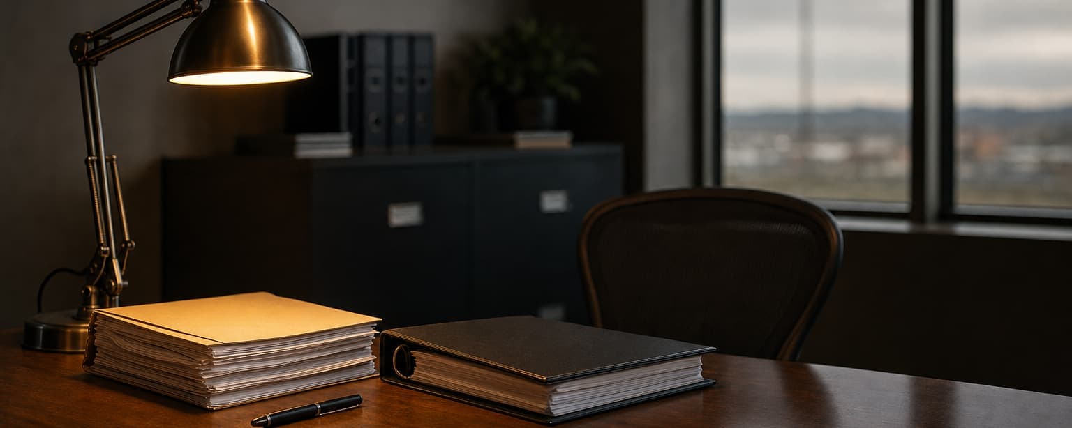 A desk lamp lit over a stack of manila folders and a closed portfolio, an empty chair pulled up and a window behind
