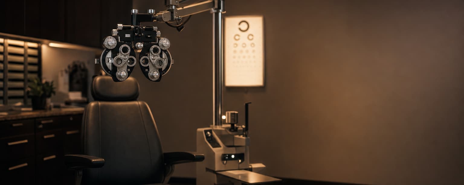 An optometry exam room with a phoropter swung out over the chair, an illuminated eye chart on the wall and a workbench behind
