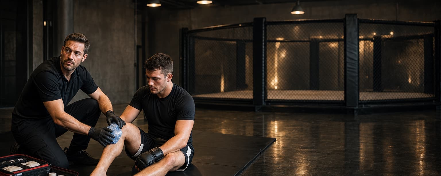 A coach kneeling beside a seated fighter on the mat edge, wrapping an ice pack to his knee, a first-aid kit open and the cage behind