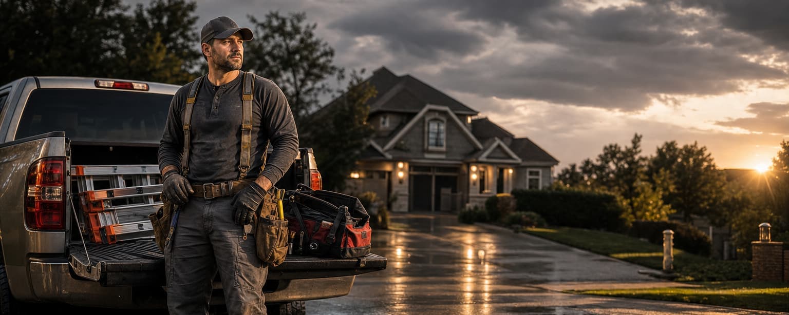 A handyman in a tool belt standing at the open tailgate of a pickup with a tool bag and an extension ladder in the bed, a house and wet driveway behind at golden hour