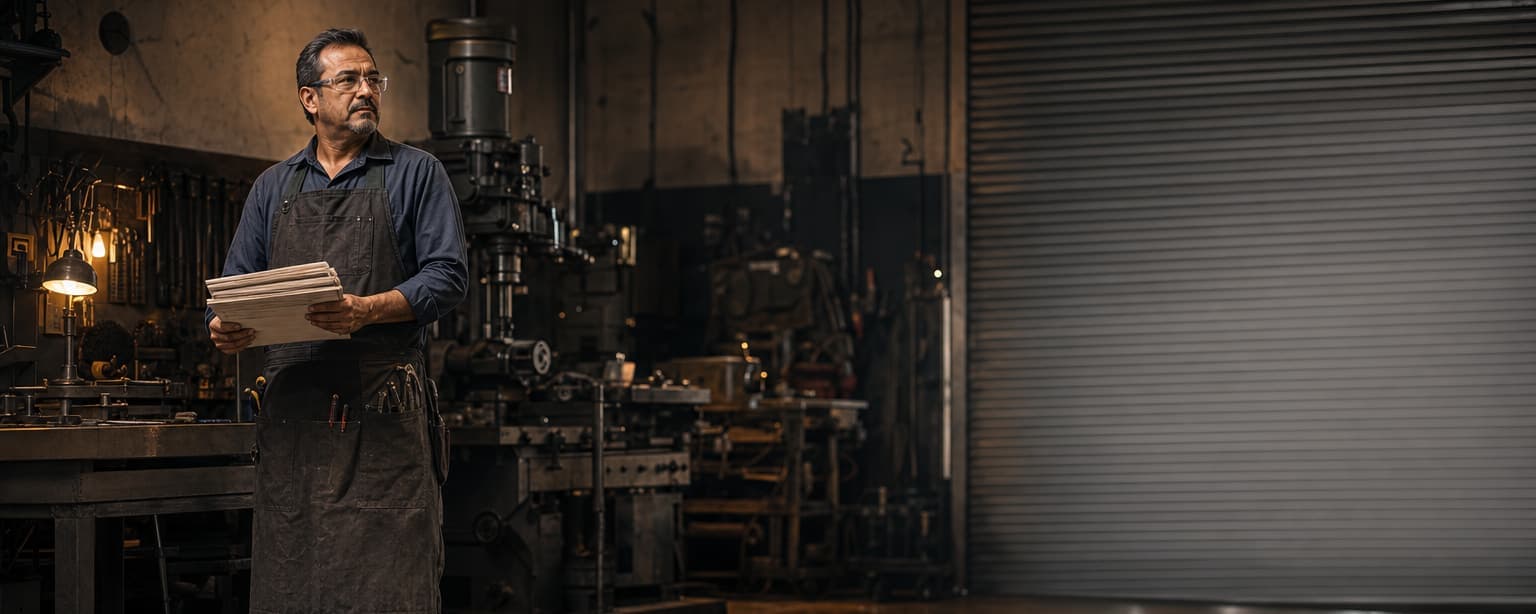A shop owner in a work apron standing on his shop floor holding a stack of declination letters, machines and a roller door behind him
