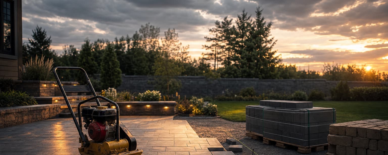 A partly laid paver patio at golden hour with a plate compactor and string lines in place, pallets of pavers and retaining wall block stacked on the lawn beside the excavation