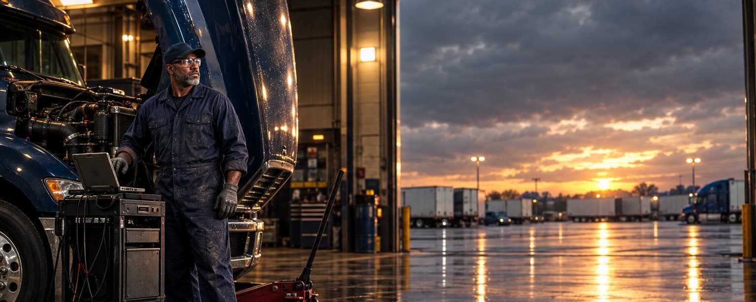 A diesel technician with a short gray beard in navy coveralls, gloves and safety glasses standing beside a semi tractor with its hood tilted forward in a heavy truck repair bay, a diagnostic laptop on a cart and a floor jack beside him, trailers in the wet yard at dusk