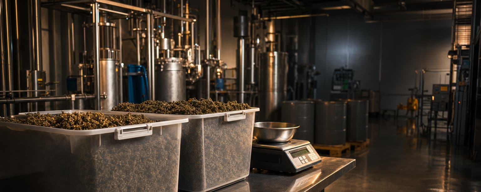 A hemp processing room, dried plant material in food-grade totes on a stainless bench beside a digital scale, with extraction equipment and drums behind