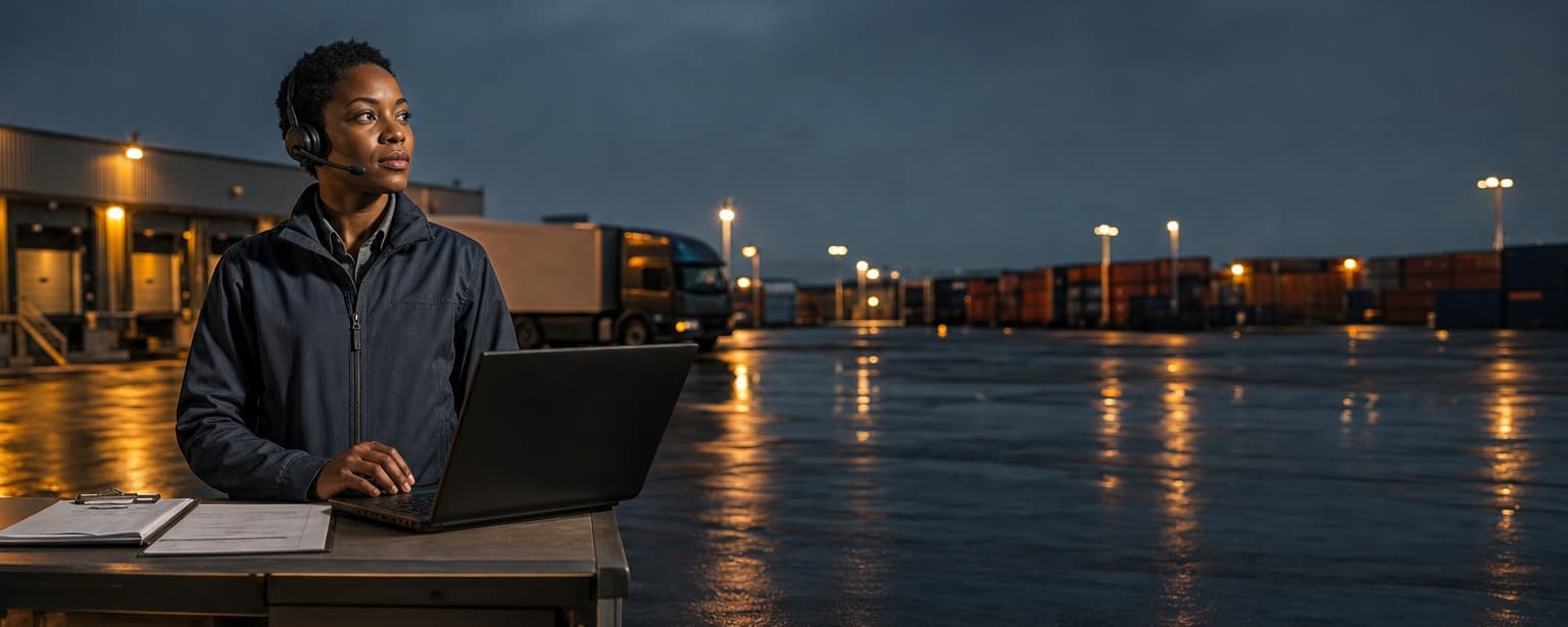 A dispatcher in a headset checking a compliance portal on a laptop at a desk, a printed certificate beside her and a lit terminal yard at night behind