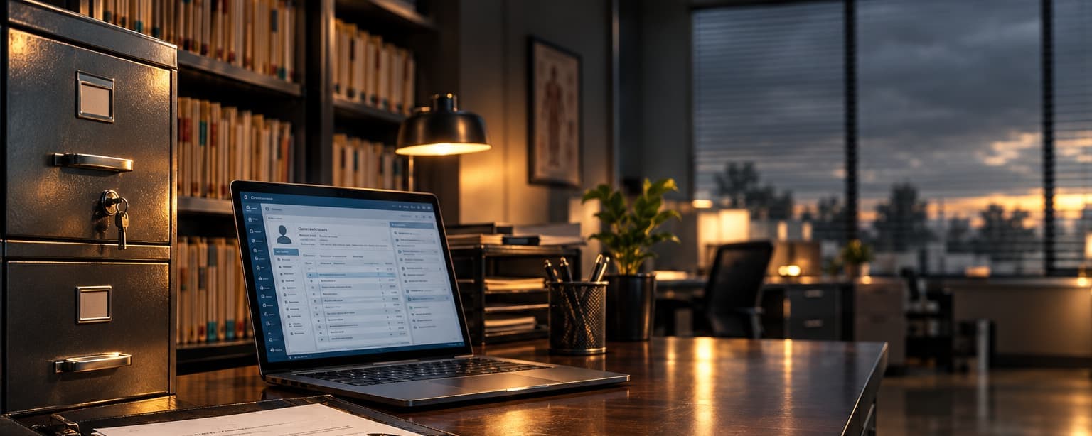 A clinic office at dusk, a laptop open on a patient-records screen beside a locked filing cabinet with the key in it, shelves of color-tabbed charts and a desk lamp behind