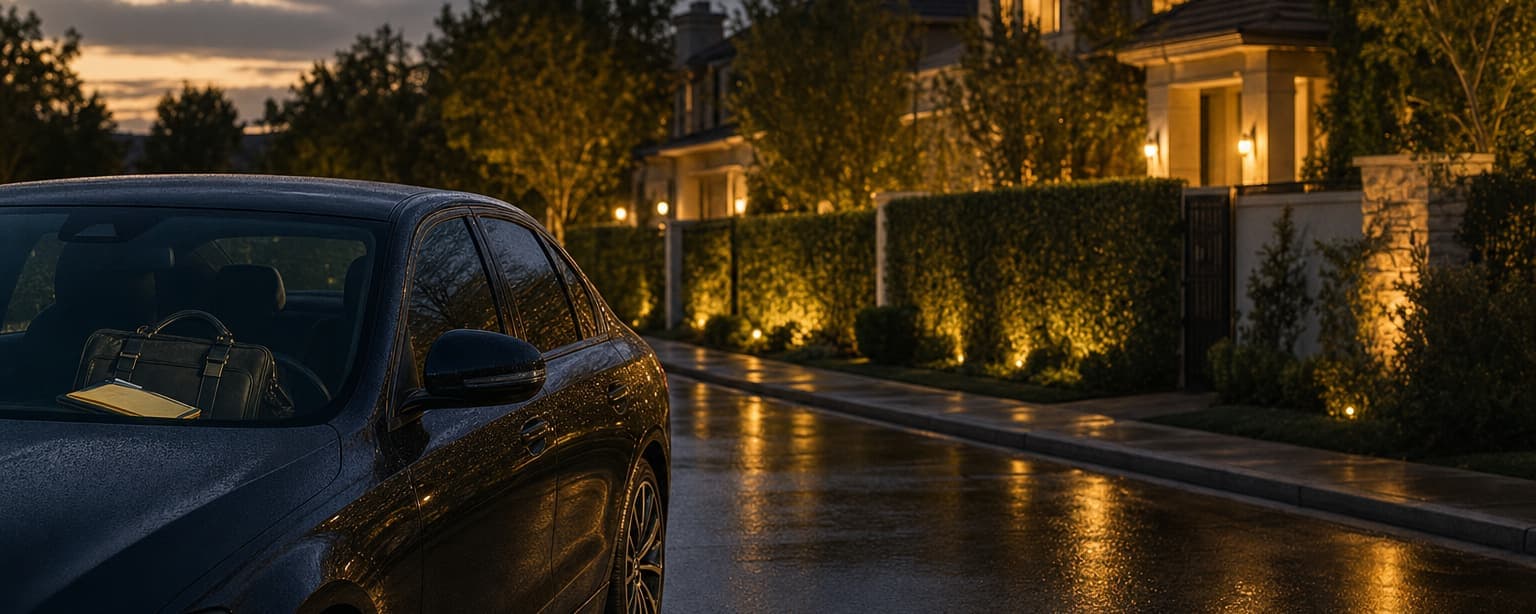 A dark sedan on a residential street at night beside a lit hedge and a house behind a wall, wet road reflecting the lights