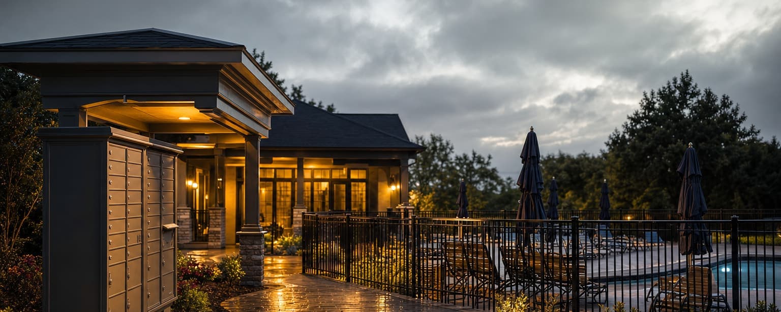 A condominium community’s shared amenity area at dusk, a fenced pool with the furniture stacked for the night, a lit clubhouse and a mailbox kiosk on the path