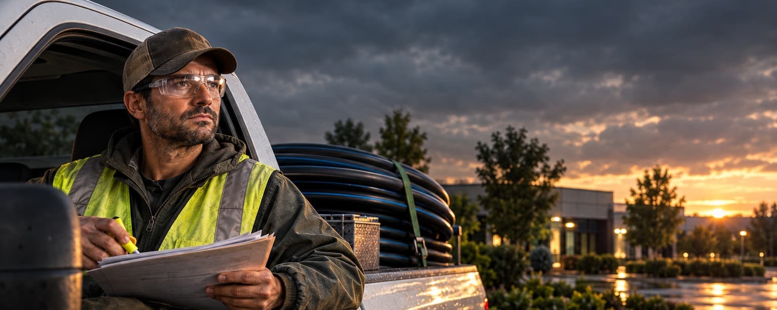 A landscape contractor in the cab of his pickup on a commercial property at dusk reading a long contract with a highlighter, irrigation pipe in the truck bed