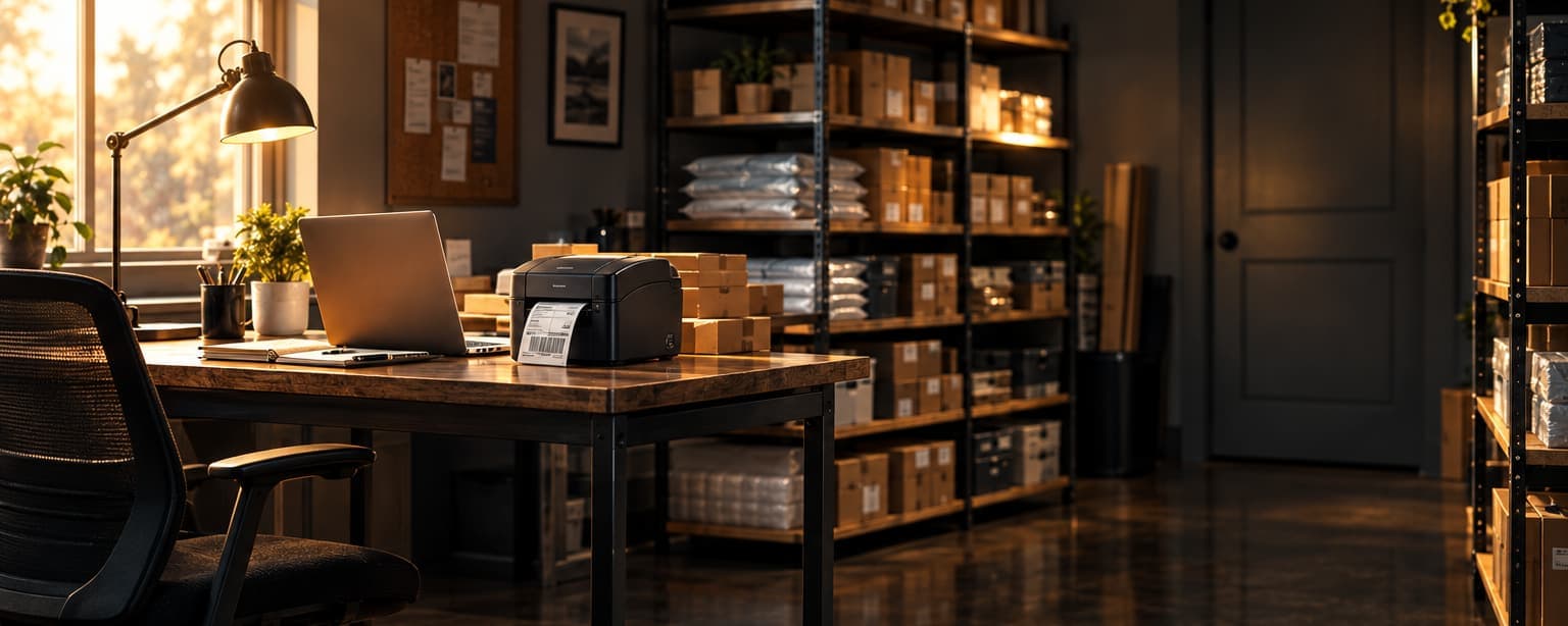 A spare bedroom turned into a small business office in morning light, a desk with a laptop and a label printer, shelves of packaged inventory ready to ship, a window onto a quiet street
