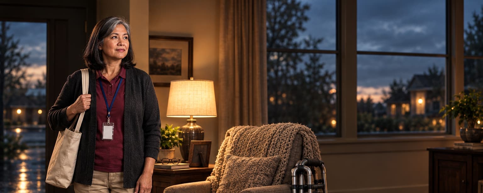 A home care aide in a burgundy polo shirt, cardigan and staff lanyard arriving at a client’s living room at dusk with a canvas tote on her shoulder, an armchair with a knitted throw and a folded walker beside her and the lamps lit