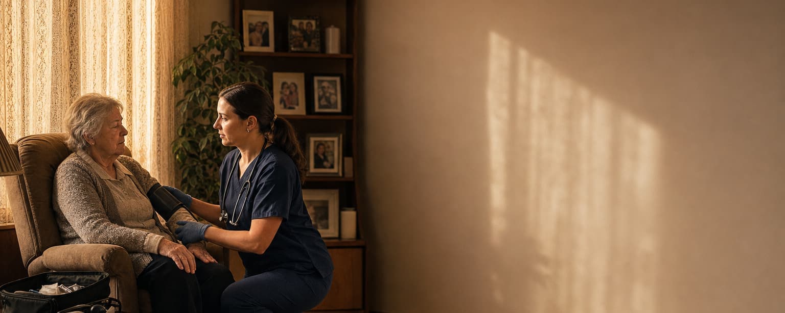 A home health caregiver in scrubs kneeling beside an elderly client seated in an armchair in her own living room, taking her blood pressure with a cuff, a medical bag open on the side table and family photographs on the shelf behind