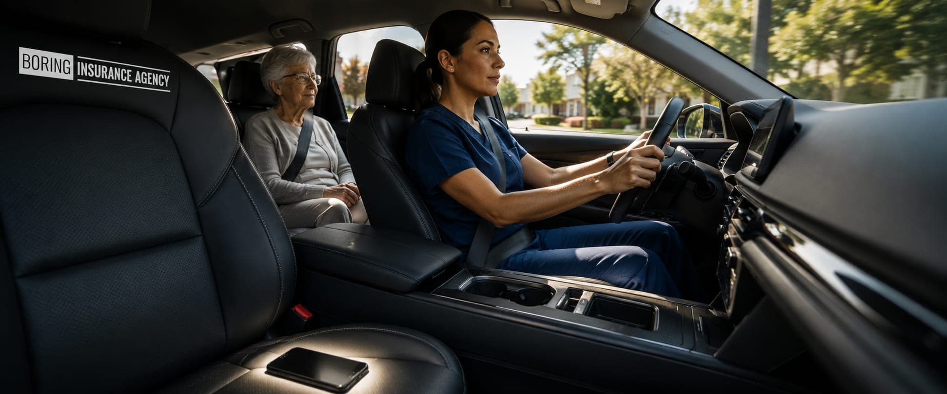 A caregiver driving a client to an appointment, with a phone face-down and unused on the seat
