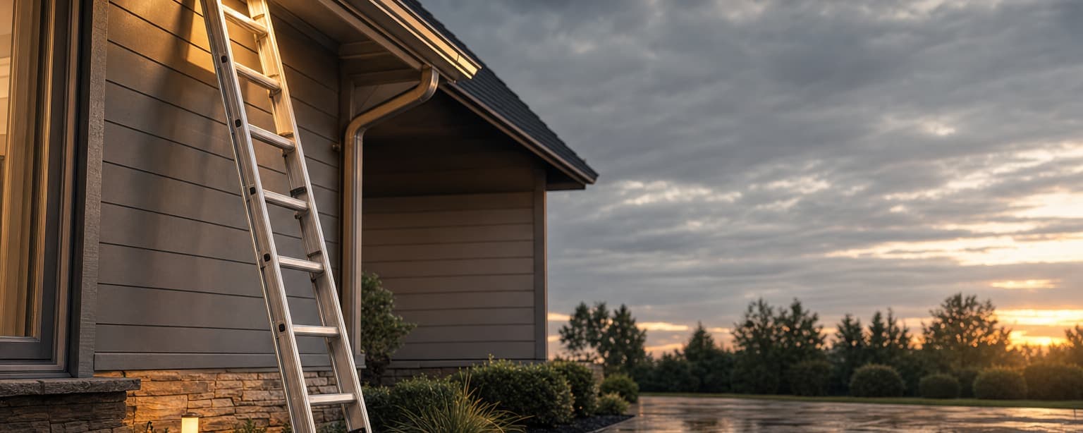 A home inspector’s extension ladder set against the eave of a house at golden hour, a flashlight, moisture meter and clipboard resting on the porch step below