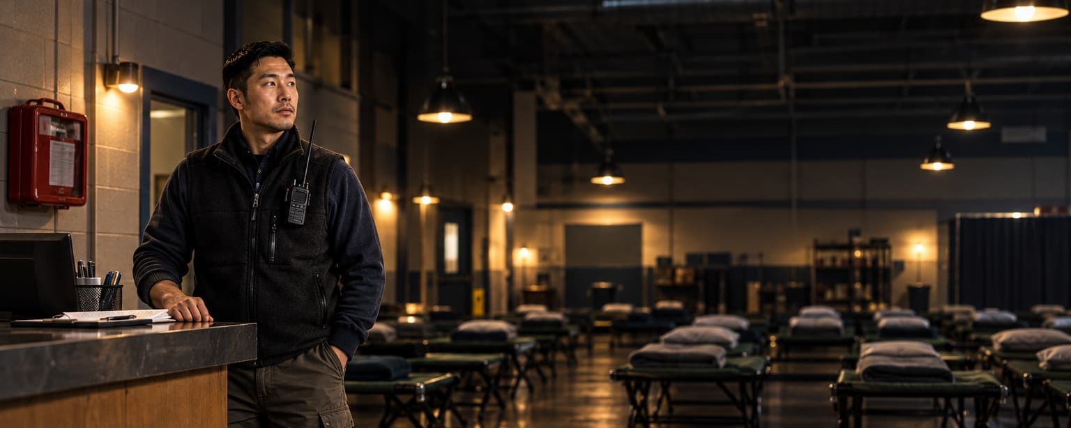 A shelter night manager in a black fleece vest with a radio clipped on, standing beside the check-in desk of an emergency shelter at night, rows of made cots behind him under low lights and a naloxone kit mounted on the wall