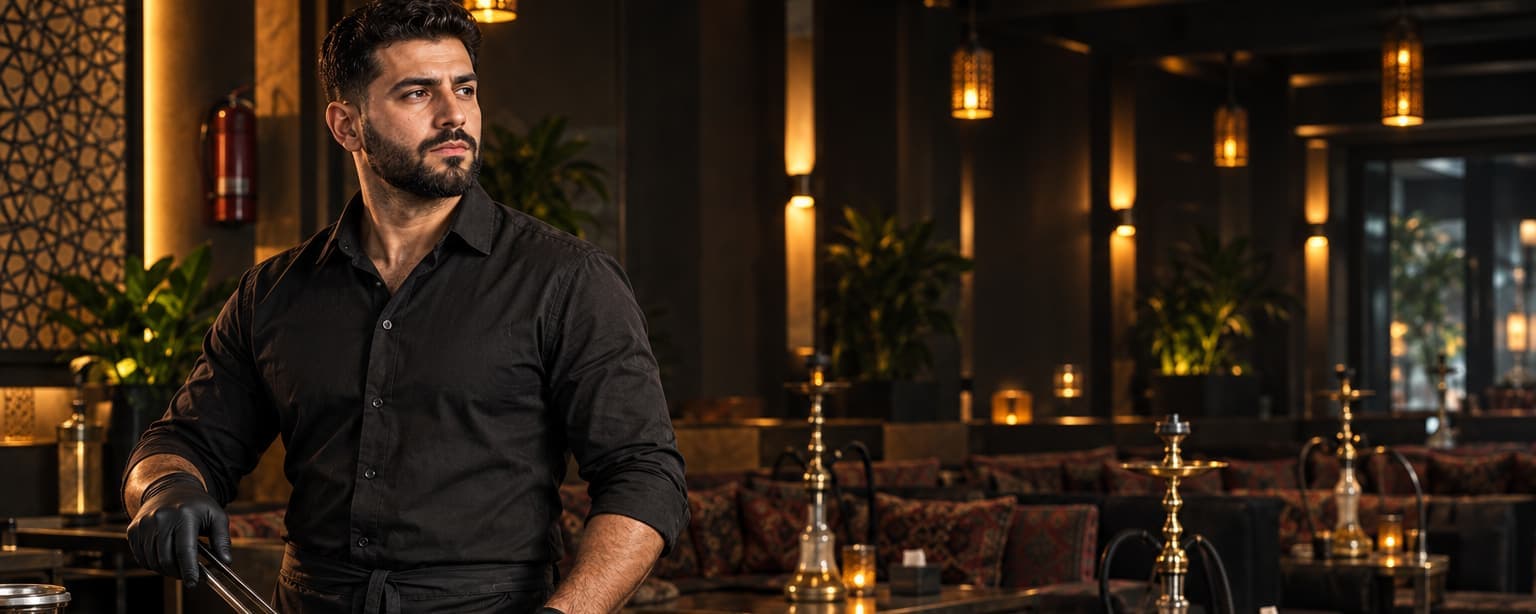 The owner of a hookah lounge, a Middle Eastern man in his thirties with a trimmed beard, checking a metal coal tray on a heat-proof cart before opening, low couches and hookah pipes behind him under warm lamps