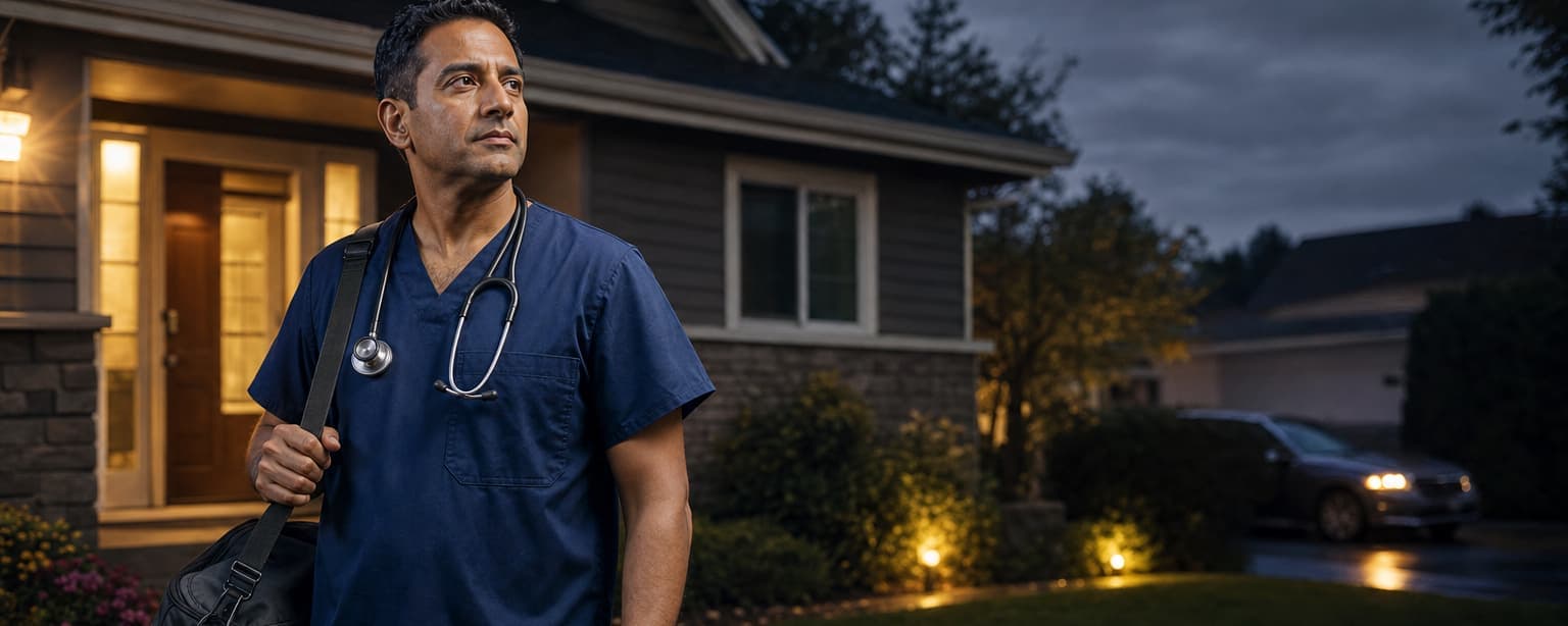 A home hospice nurse in navy scrubs with a stethoscope around his neck and a medical bag over one shoulder on the front path of a family home at dusk, the porch light and windows lit and his car at the curb