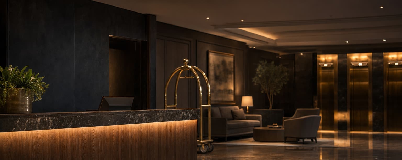 A hotel lobby late at night, the reception desk lit with nobody behind it, a brass luggage cart parked beside an empty seating group and the elevator bank glowing beyond