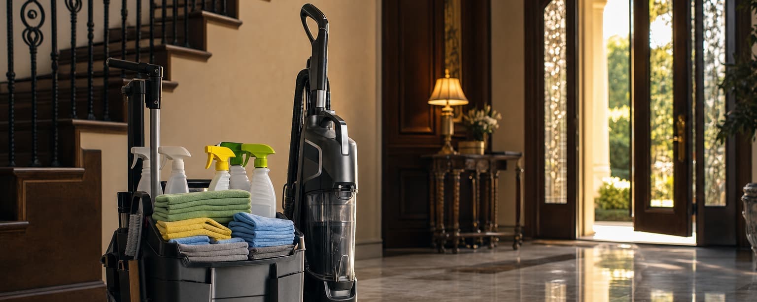 A cleaning crew’s supply caddy and upright vacuum standing in the entry hall of a private home, folded microfiber cloths and labeled spray bottles in the caddy, morning light through the doorway