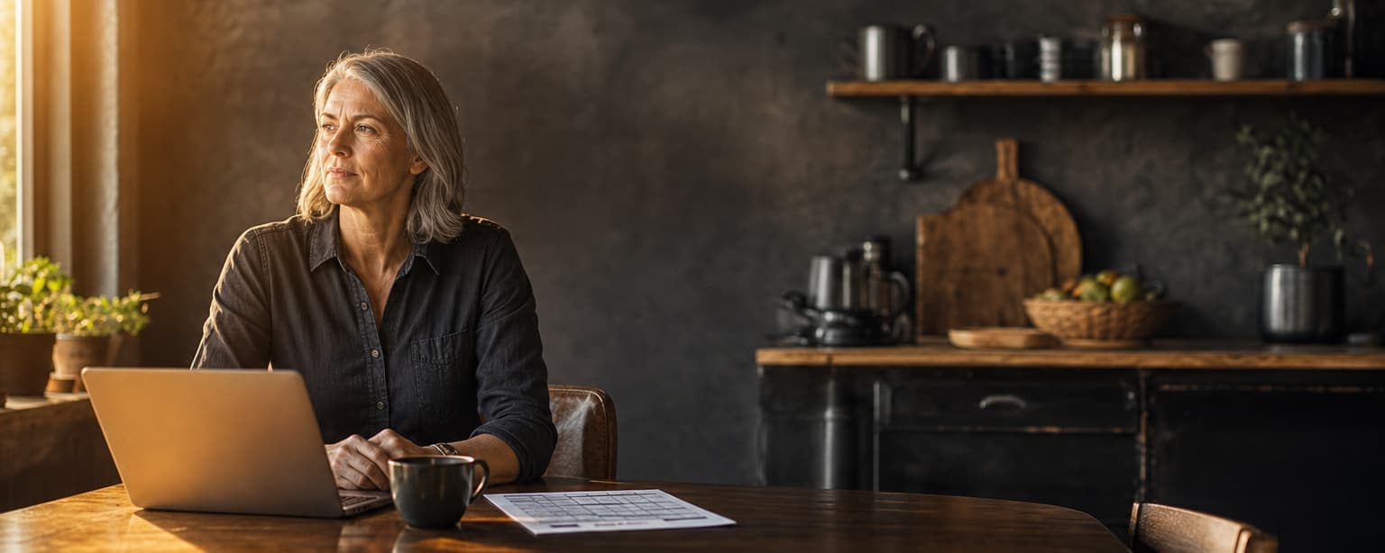 A host at a kitchen table with a laptop showing a booking calendar and a printed quote sheet beside her coffee, morning light through the window