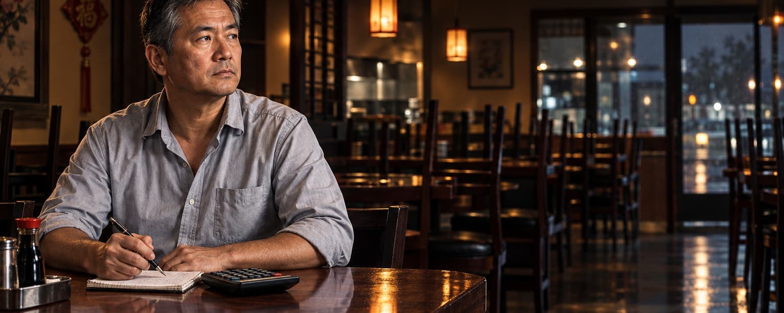A restaurant owner in his fifties sitting alone at a table in his empty dining room after close with a notepad and a calculator