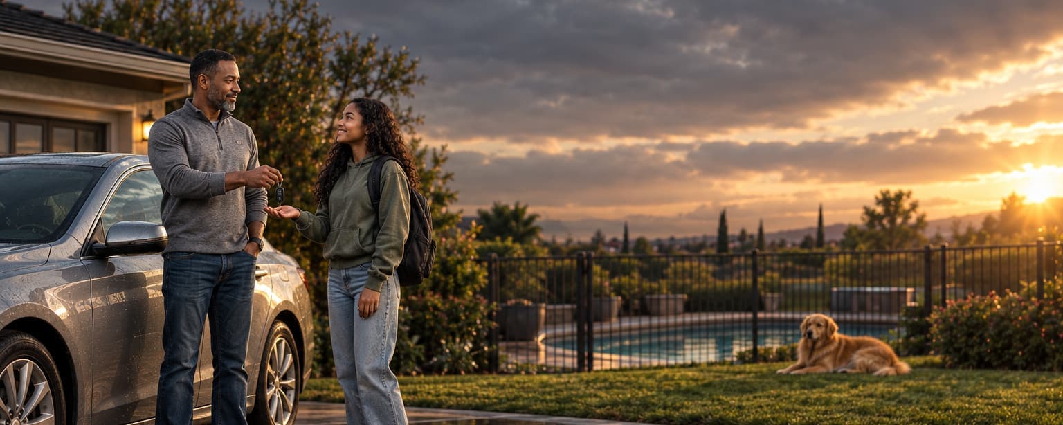 A father hands his teenage daughter a set of car keys beside the family sedan in a suburban driveway at golden hour, a fenced backyard pool and a golden retriever behind them