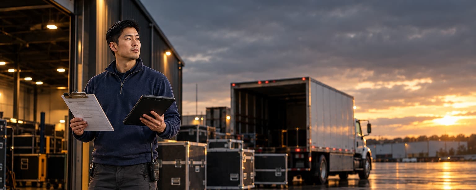 A venue operations manager at an open loading dock at dusk holding a clipboard with a one-page certificate form and checking it against a tablet, road cases and a box truck behind him