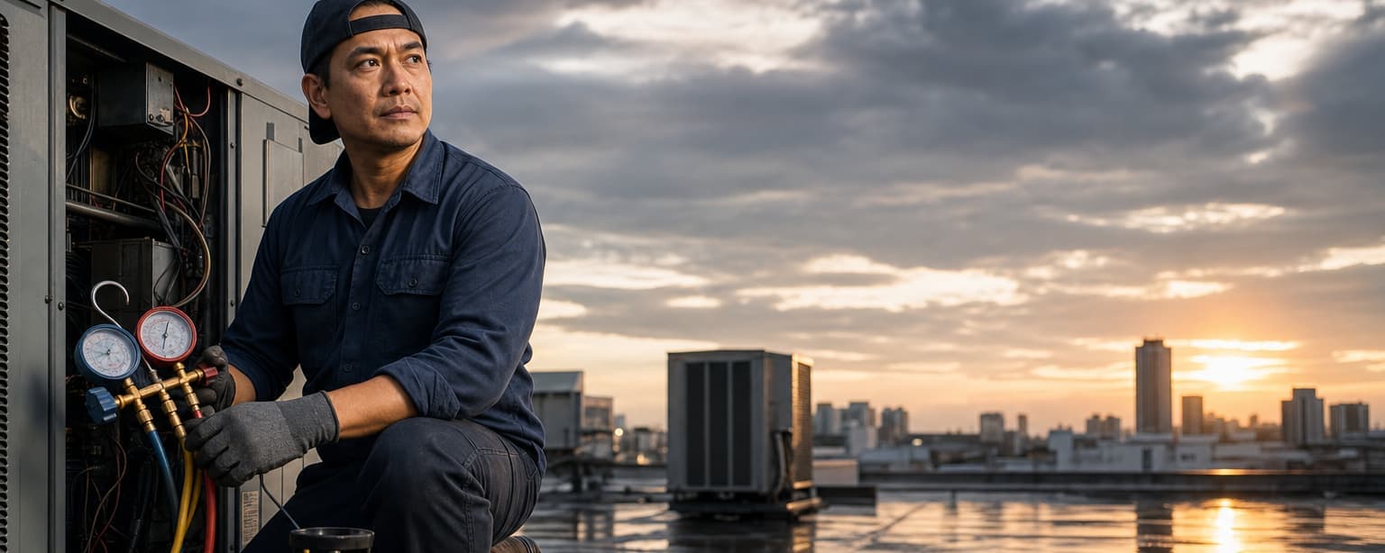 An HVAC technician in a navy work shirt and backwards cap crouched beside an open rooftop condenser with a gauge manifold in one gloved hand, a refrigerant tank and tool bag at his feet, more units and a city skyline behind at sunrise