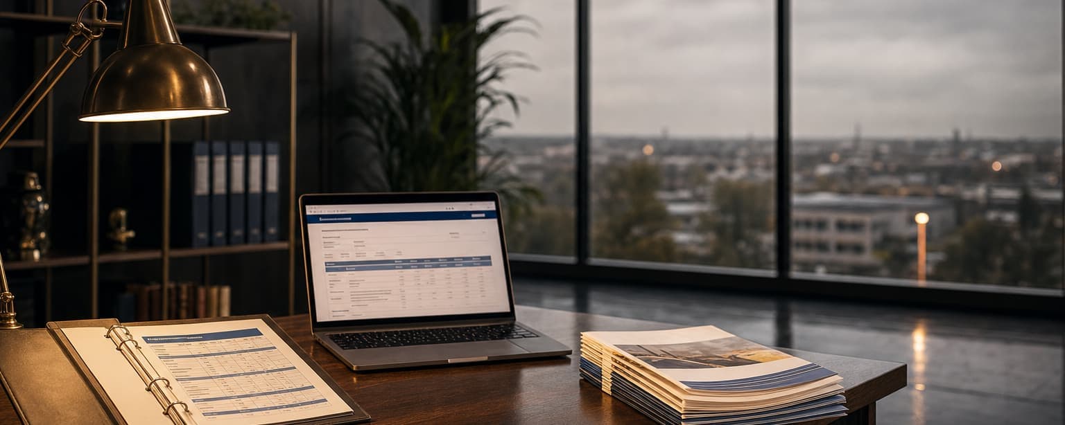 A desk with an open binder of contribution schedules, a laptop showing a plan table and a stack of documents, city window behind