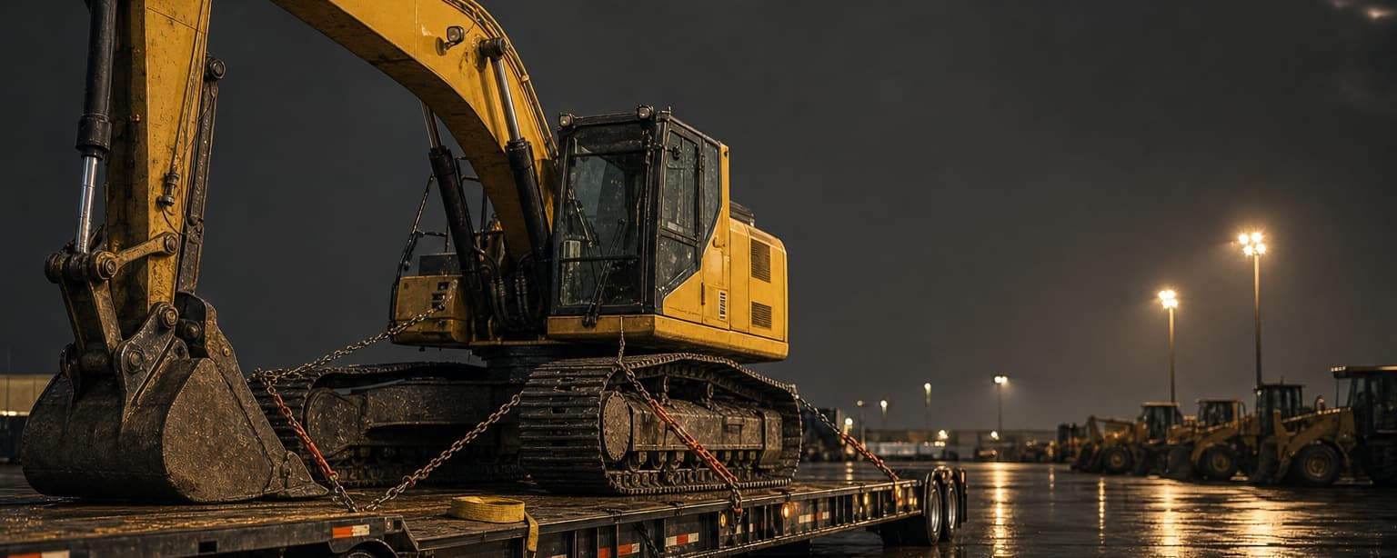 An excavator chained down on a lowboy trailer under yard floodlights at night, chain binders tensioned over the tracks and more machines parked in the dark beyond the wet apron