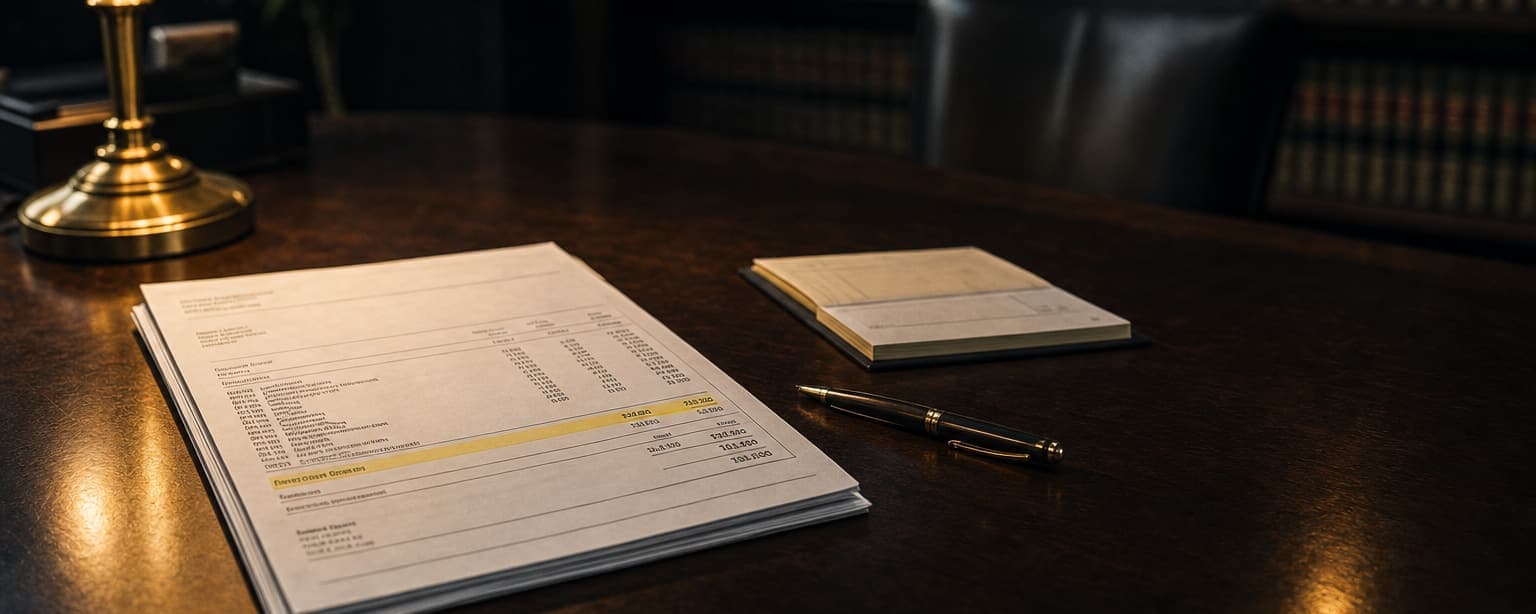 An itemised insurance invoice on a desk with a separate fee line highlighted, a pen and a chequebook beside it