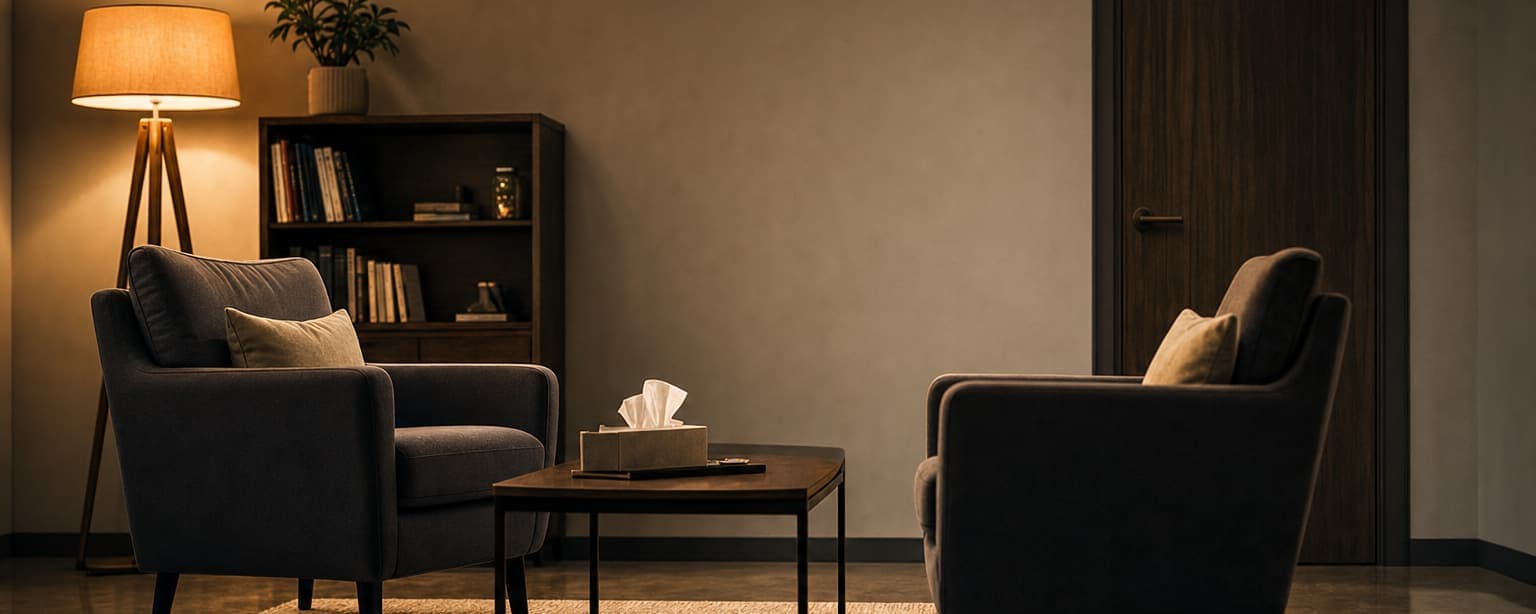 A therapy room with two upholstered armchairs facing each other across a low table with a tissue box, a floor lamp lit and a wall clock