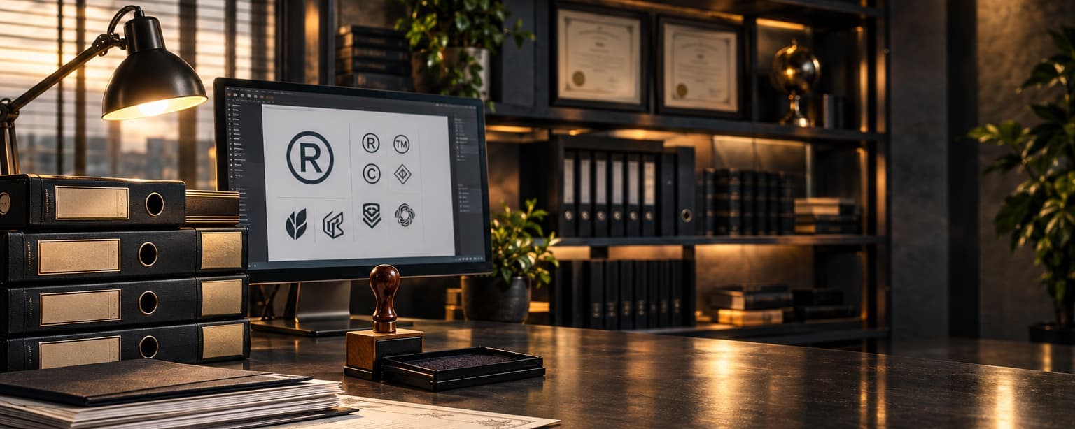 A trademark attorney’s desk with a monitor showing registered, trademark and copyright marks beside a set of logo drafts, a stamp and ink pad in front, binders and framed certificates on the shelves behind