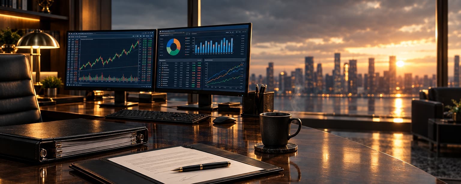 An investment advisor's desk with two monitors of portfolio charts, a compliance binder, a signed client agreement in an open folder and a coffee cup