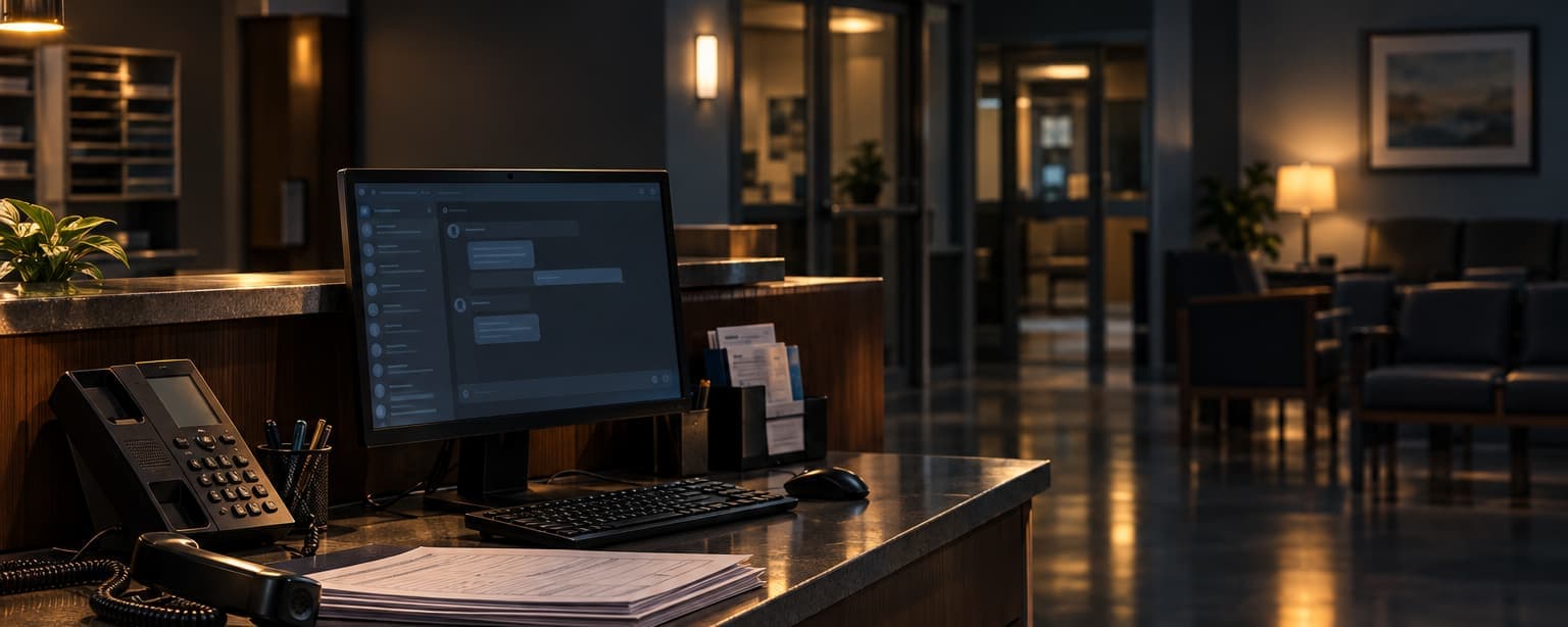 A medical front desk after hours, a desk phone and a stack of intake forms beside a monitor showing a chat conversation, an empty waiting room and consultation doors out of focus behind