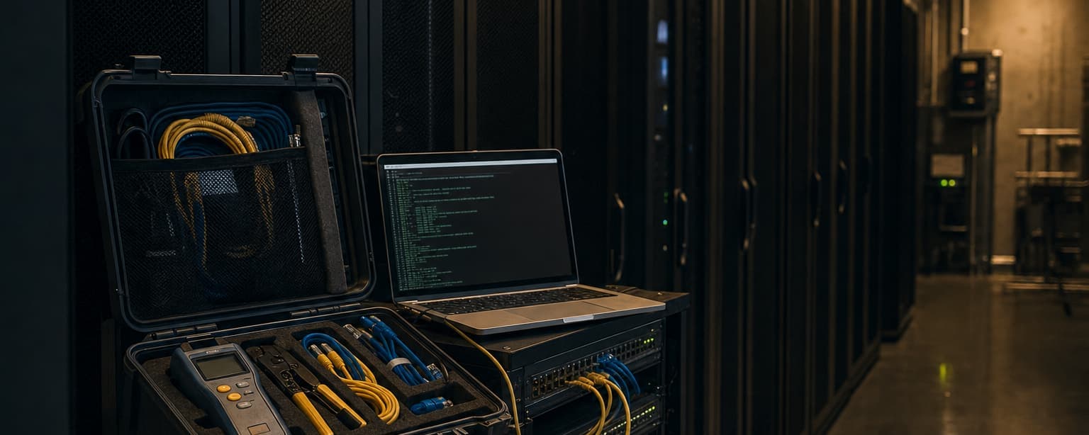 An IT consultant’s kit open on a client site, a laptop resting on a network cabinet with a console cable run to a switch, a cable tester and labeled patch leads and status lights behind