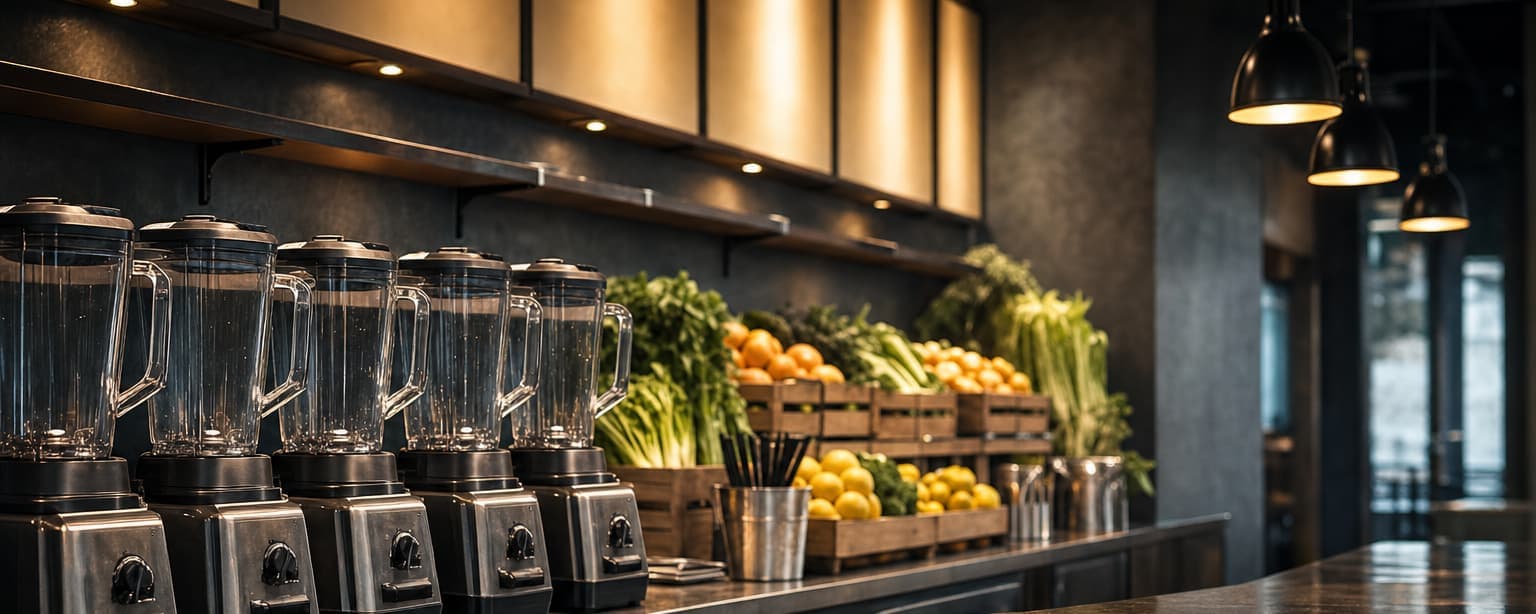 A juice and smoothie bar counter before opening, a row of commercial blenders on the bar, crates of citrus and leafy greens on the back counter and a lit menu board above