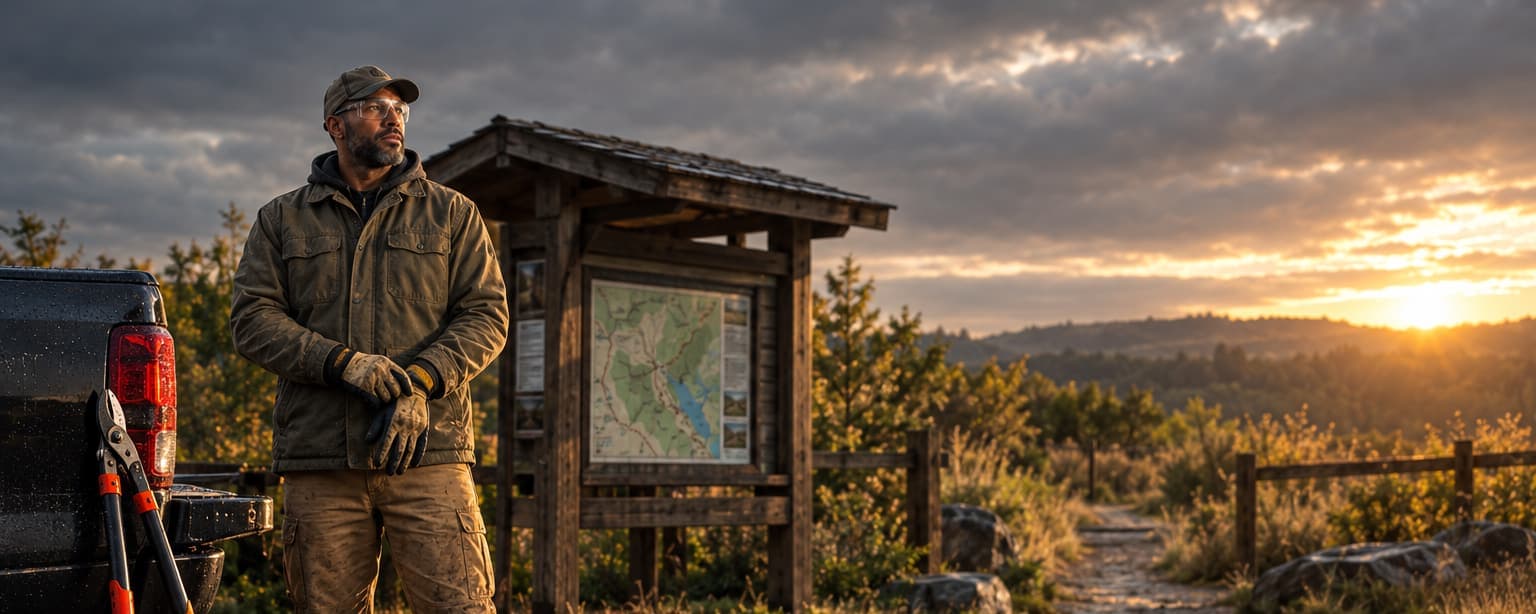 A land trust stewardship coordinator in a canvas field jacket and work gloves standing at a preserve trailhead at golden hour, a wooden kiosk with a trail map behind him and a chainsaw case and loppers resting by a pickup truck