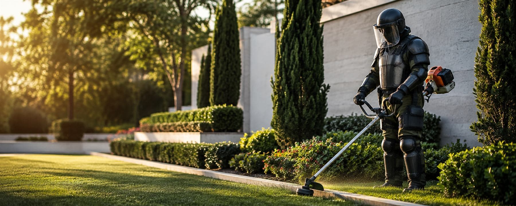 A landscaper in riot gear strimming a lawn