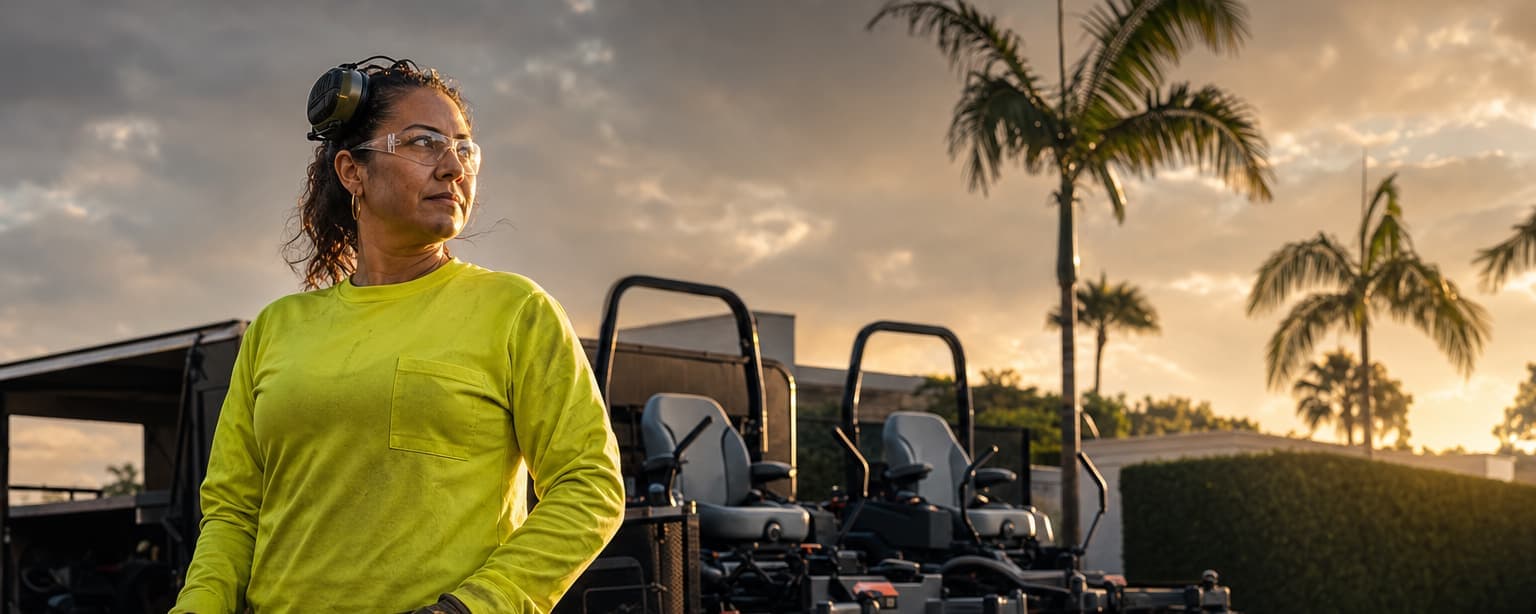 A landscaping crew lead in a high-visibility long-sleeve shirt, safety glasses and earmuffs holding a hedge trimmer in front of an open trailer loaded with two zero-turn mowers, palms and a trimmed hedge behind her at golden hour