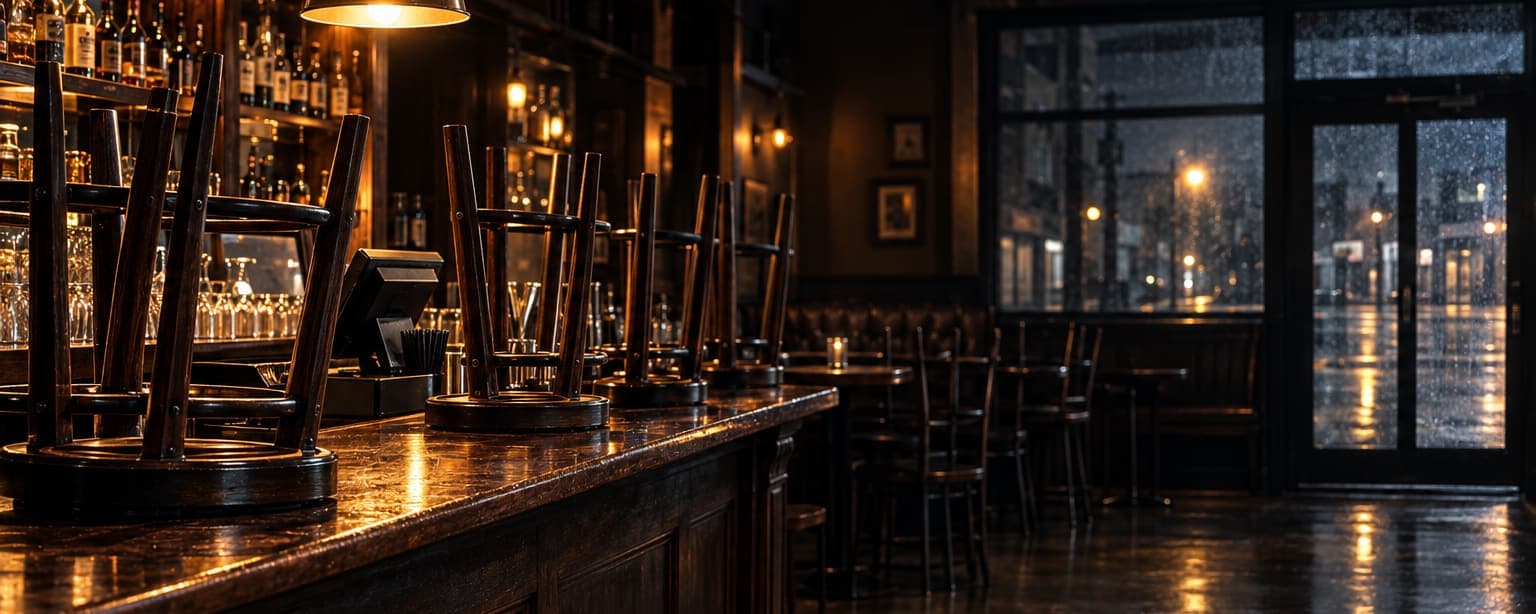 A neighborhood bar at closing time, stools upturned on the counter and one lamp still lit over the till, the street dark through the window