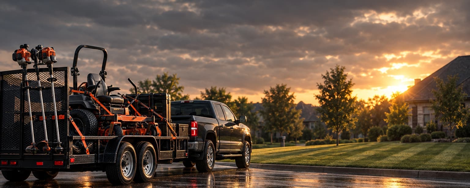 A lawn care trailer hitched to a pickup on a suburban street, a zero-turn mower and trimmers strapped down, a freshly striped lawn beside it in late afternoon light